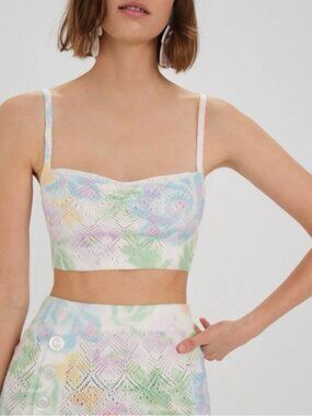 Sleeveless Pastel Floral Knit Crop Top - White/Pastel